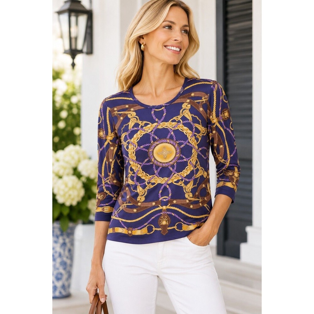 J.McLaughlin Signature Catalina Cloth Equestrian Print Top Purple Gold Size L